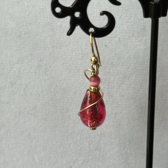 Pink Glass Tear Drop Earrings - Picture 3 of 8
